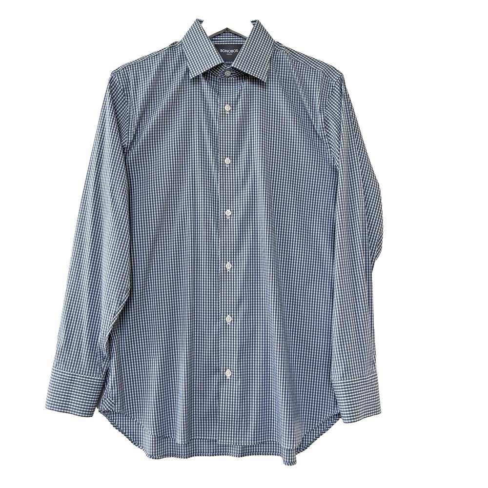 Bonobos Dress Shirt Men Size 16/34 Blue Gingham Check Stretch Tailored Slim Fit
